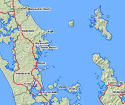 Map showing the Hauraki Gulf which includes Waiheke, Great Barrier, Rakino, Ponui, Pakatoa, Rotoroa, Motuihe, Motutapu, Rangitoto, Browns, Pakihi and Little Barrier.