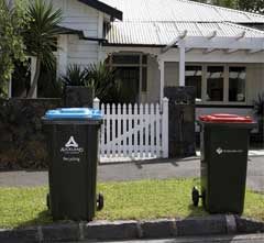 Image of rubbish and recycling bins at the kerbside.