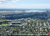 Aerial view of Auckland city including Eden Park stadium and the surrounding area.
